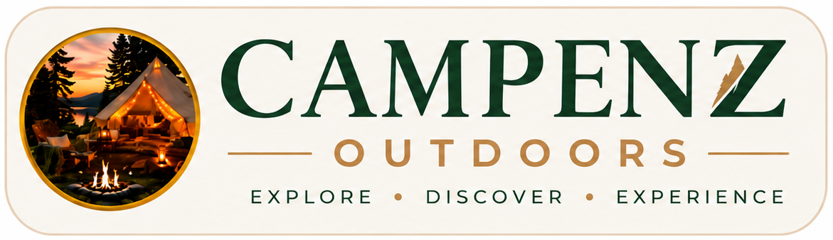 Campenz Outdoors logo with a sunset camping scene, forest green lettering, and the tagline Explore, Discover, Experience.